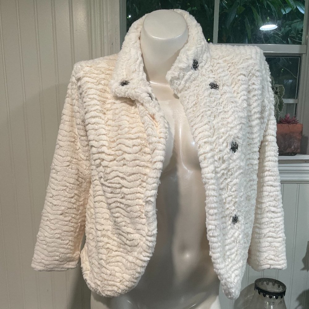EUC Cherokee Soft Creamy White Faux Fur Rhinestone Button Jacket Coat M